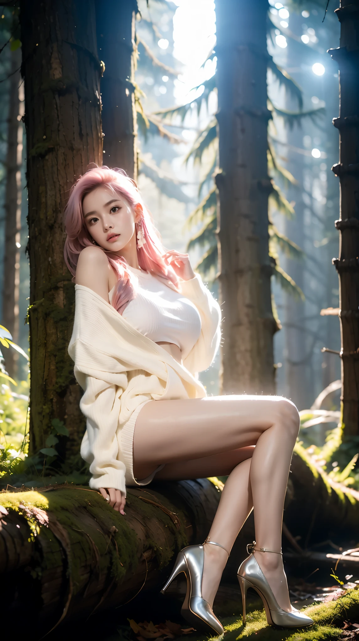 Best quality，masterpiece，16K，A girl，Wearing a sweater，shorts，White Silk，High heel，Pink Hair，Brown eyes，Delicate face，Big breasts，Girl Pose，In the dense woods，side，Hands on the tree trunk，One foot is raised back，Looking at the camera，glow，Tyndall effect，High light-dark contrast