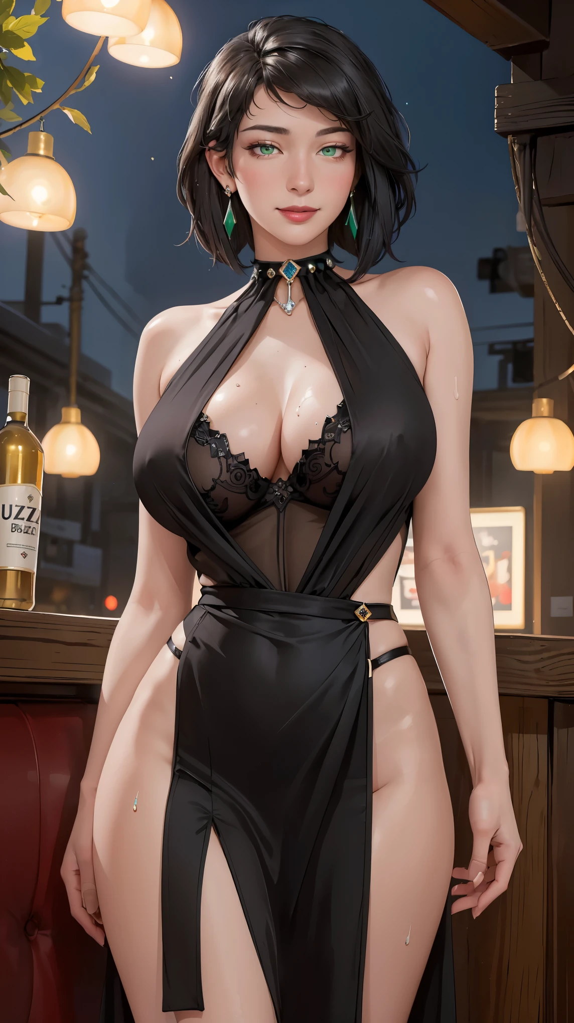 ((((masterpiece, best quality, high resolution)))), Extremely detailed 8K, Beautiful girl with voluptuous body, (Ultra HD, Ultra-detailed, Highly detailed, Highly realistic, Ultra-realistic, photograph realistic), (1girl:1.5), (Realistic black hair), (short wavy hair, hair ornaments, earrings), (dynamic poses), facing at camera, looking at viewer, (blushing red, embarrassed, exhausted, smile), (green eyes, sharp eyes), (massive perky breasts:1.2), (beautiful detailed face, beautiful detailed eyes), ((glittery black silk slit dress)), (detail pussy), (standing up), sweat, glow, (nightlight), ((cowboy shot)), jazz bar, seductive