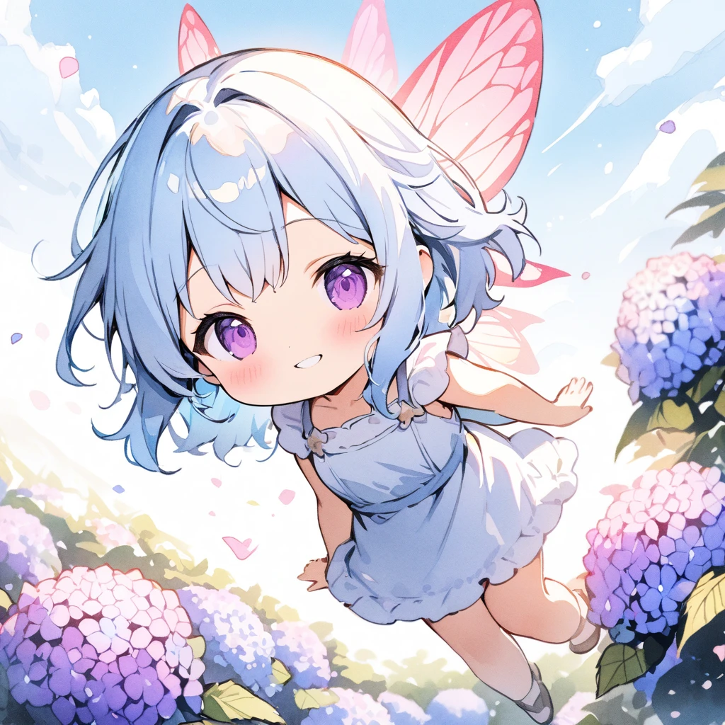 Top quality, masterpiece, watercolor style, chibi character, girl, light blue hair, purple eyes, fairy wings, flying in the sky, hydrangea flower field, best smile
