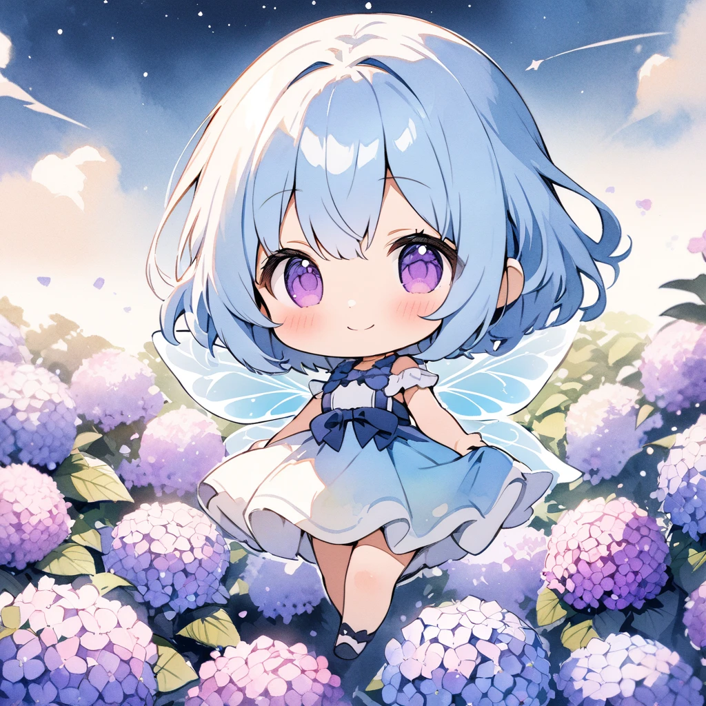 Top quality, masterpiece, watercolor style, chibi character, girl, light blue hair, purple eyes, fairy wings, flying in the sky, hydrangea flower field, best smile