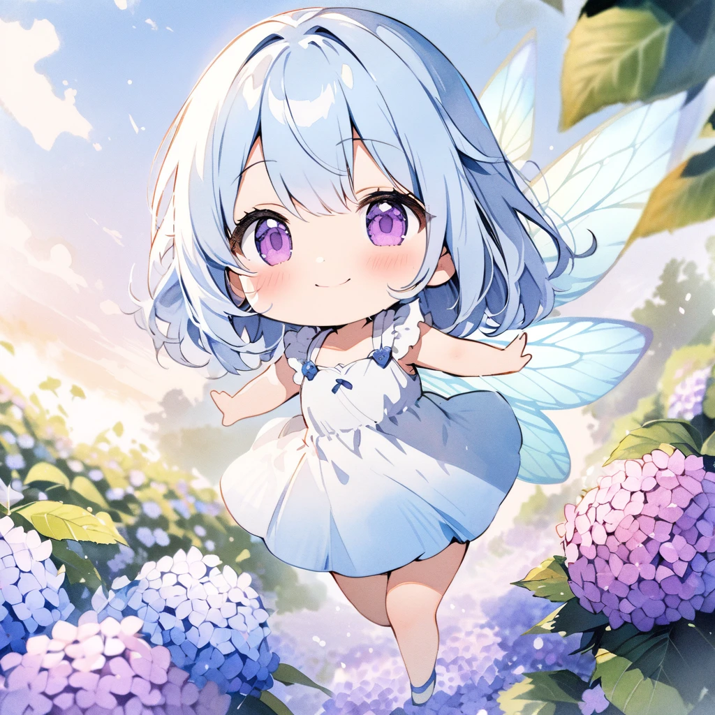 Top quality, masterpiece, watercolor style, chibi character, girl, light blue hair, purple eyes, fairy wings, flying in the sky, hydrangea flower field, best smile