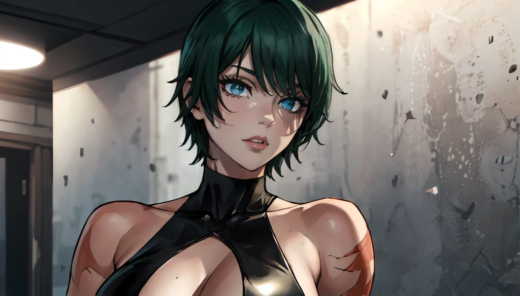 (masterpiece:1.2, best quality:1.2, beautiful, high quality, highres:1.1), detailed, short hair, short fluffy hair, short green hair, extremely detailed 4K, perfect eyes, perfect face, scar on body, circle glasses, Maki Zenin LoRA, perfect lighting, (1girl, solo, adult female, mature female), thin, lithe body, Maki Zenin, green hair, glasses, (big breasts), ((sensual seductive))