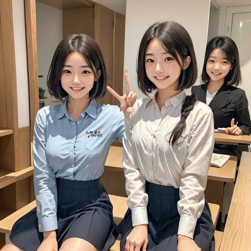 A confident smile, かわいいポーズをとっているtwo students demonstrating a gesture commonly associated with a peace sign while speaking by レストラン, slacks, Black Hair, indoor, in, skirt, shirt, ((((complete fiine fingers))))