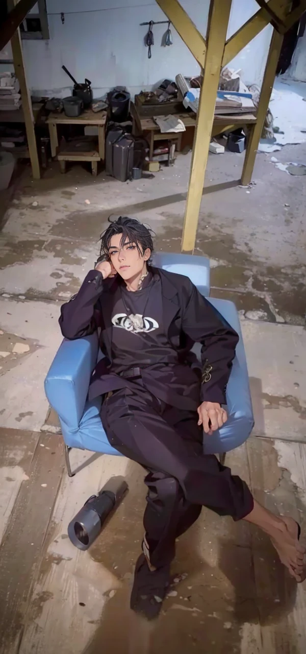 (masterpiece, best quality, highres, ultra-detailed), 1man, male focus, spiky black hair, grey eyes, handsome, detailed eyes and face, male body, earrings, ear piercing, unbuttoned black blazer, white shirt, trousers, bare collarbones, chain necklace, city slums background, by amano akira, full body, cigarette, cigarette smoke, guy smoking,1guy, masterpiece
