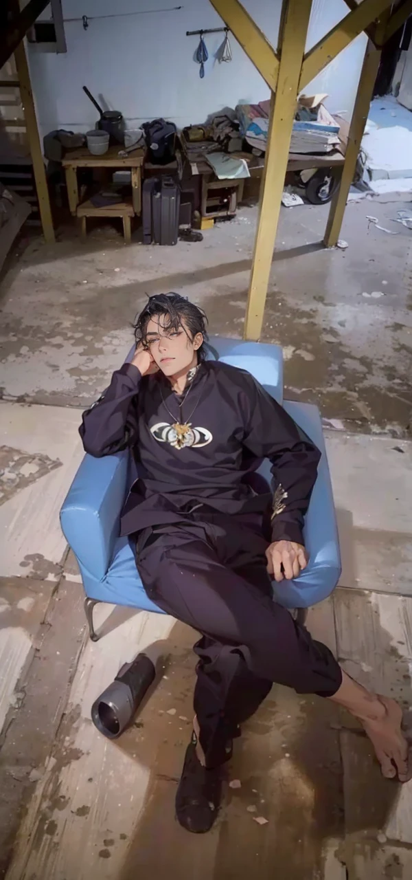 (masterpiece, best quality, highres, ultra-detailed), 1man, male focus, spiky black hair, grey eyes, handsome, detailed eyes and face, male body, earrings, ear piercing, unbuttoned black blazer, white shirt, trousers, bare collarbones, chain necklace, city slums background, by amano akira, full body, cigarette, cigarette smoke, guy smoking,1guy, masterpiece