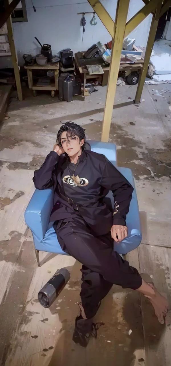 (masterpiece, best quality, highres, ultra-detailed), 1man, male focus, spiky black hair, grey eyes, handsome, detailed eyes and face, male body, earrings, ear piercing,  unbuttoned black blazer, white shirt, trousers, bare collarbones, chain necklace, city slums background, by amano akira, full body, cigarette, cigarette smoke, guy smoking,1guy, masterpiece