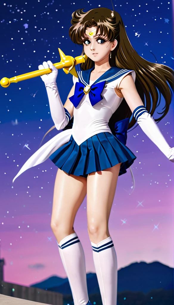 1girl, sailor senshi unifoem, {{magical gloves, magical boots}}, bow, brooch,pleated miniskirt, magical girl, earrings, long hair, nsfw, latex, large_breasts, korean idol, holding wand, wand, wand effect,agic effect, standing, crossed legs, dakimakura, idol, akb48