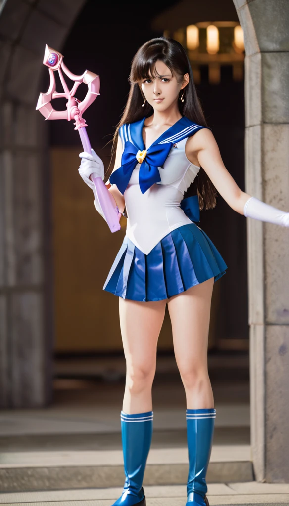 1girl, sailor senshi unifoem, {{magical gloves, magical boots}}, bow, brooch,pleated miniskirt, magical girl, earrings, long hair, nsfw, latex, large_breasts, korean idol, holding wand, wand, wand effect,agic effect, standing, crossed legs, dakimakura, idol, akb48