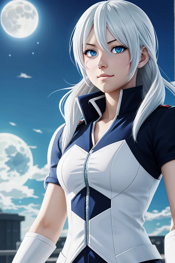 A beautiful woman from the anime boku no hero academia,with white hair and light blue eyes with a moon silhouette in his eyes,of anime