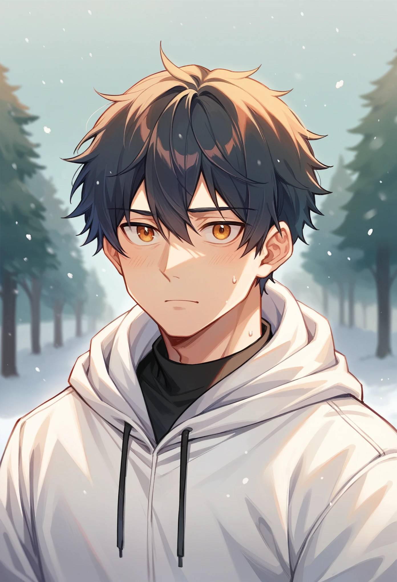 Man wearing sweatshirt, Standing in the snow, With a straight face, close, Inspired by Cai Xukun, Shin Jinying, Cheng Yanjun, Ruan Jian, bian luan, Jia Ruian