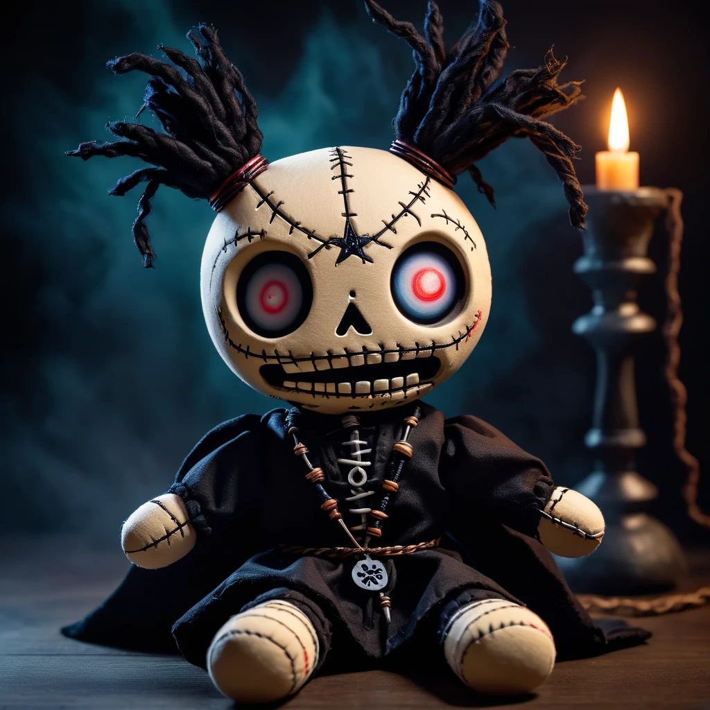 (knitted toy voodoo doll: 1.7), (Voodoo Lord of Darkness: 1.8), (Clothing: shadowy with dark enchantments: 1.0), (Accessories: staff of darkness, black crown, amulet of despair: 1.2), (Background: dark abyss with swirling shadows and ghostly apparitions: 1.2), best quality, masterpiece, detailed soft oil painting, detailed background, dramatic cinematic lighting, soft edge lighting, professional, dramatic lighting, hard edge lighting, ultra quality, 4k,masterpiece, best quality, 8k, ultra highres, highres, extremely detailed