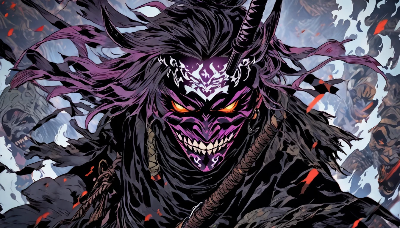demon mask, sword on the hand,close up, black heavy detailed clothes, hand katana, art, dark and malevolent, hand sword, armor, powerful and intimidating, (masterpiece, best quality, ultra-detailed, best shadow), (detailed background, dark fantasy) dramatic light, intricate details, dark and malevolent, powerful and intimidating, Dark and foreboding, malevolent force, sinister and chilling, armor, high detailed background, girl in demon slayer art, demon slayer art style, epic anime art, God death