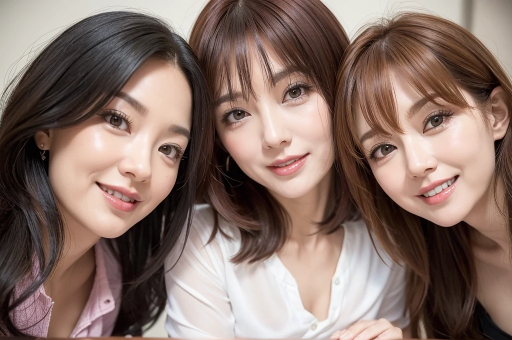 two sexy 40 years old women in babysitter outfits who are lovers of 4 boy, various hair colors and hairstyles, seductive smiles, portrait, close up faces, view from below