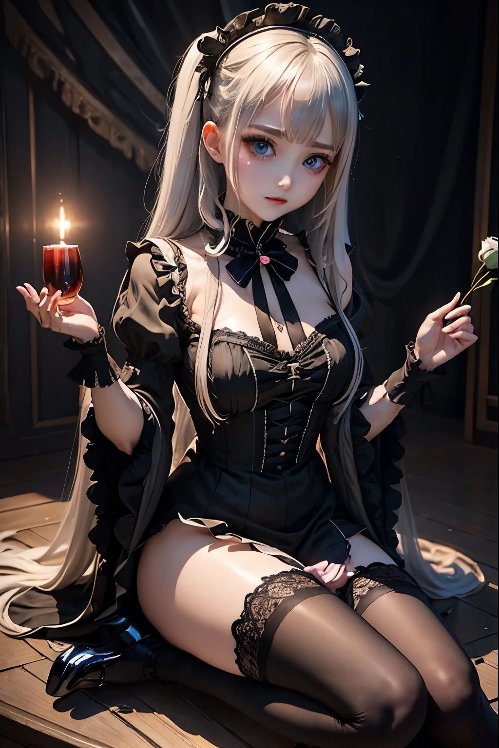 Hard Dark Gothic Makeup、Black dark eyeshadow、sad、Good skin radiance、Dark Gothicメイク、Dark smile、palace、The beauty of fragrance、24-years-old、Expression of intense sexual pleasure、Embarrassed look、Dark Gothic、Highest quality、Expression of sexual pleasure amid suffering、Drunk face、紫のMaid clotheysterious、Noble、The face of someone holding it in the toilet、sexy、Loving smile、Twin tail hair、Right blue eye, Left eye is red、Super tempting pose、Platform Heel Shoes、Heavy makeup、Gothic Lolita clothes、Silver Hair、Long Hair Straight Hair、Cute Gothic Lolita Dress、Beautiful Face、elegant features、Attractive face、Stained glass is the background、Chest glistening with sweat、The room is dark、goth long dress、Bell Sleeves、Wizard Sleeve、Decadent look、Sexually excited expression、Glossy thighs wet with water、Thighs that are wet and shiny with oil、Background of a room full of roses、sad expression、Rose Maiden、The embroidery is pink、The dress has pink embroidery.、Thigh-high socks、Knee-high socks、Gentle expression、Dark black eyeshadow、Stained glass and rose background、thighs are a little thin、Female Duo、Female couple、dark church background、Stained glass、Black metal world、Dark Castle、Dark Room、Slender body、gothic long dress、Victorian dress、Small breasts、Hold the wine in your right hand、Hold the lantern in your left hand、pantyhose、Sit on the bed、The bed is covered with roses、Lying in bed、Her thighs are shining with sweat、My body is wet and shiny、Lots of glitter on the thighs、sweating、My thighs are sticky from sweating、Sweat glistening on my thighs, The whole body is sweaty and shiny、I sweated a lot.、My thighs are sweaty、My thighs are wet、My thighs are shining with sweat、A lot of sweat glistening all over the body、Slender body、
