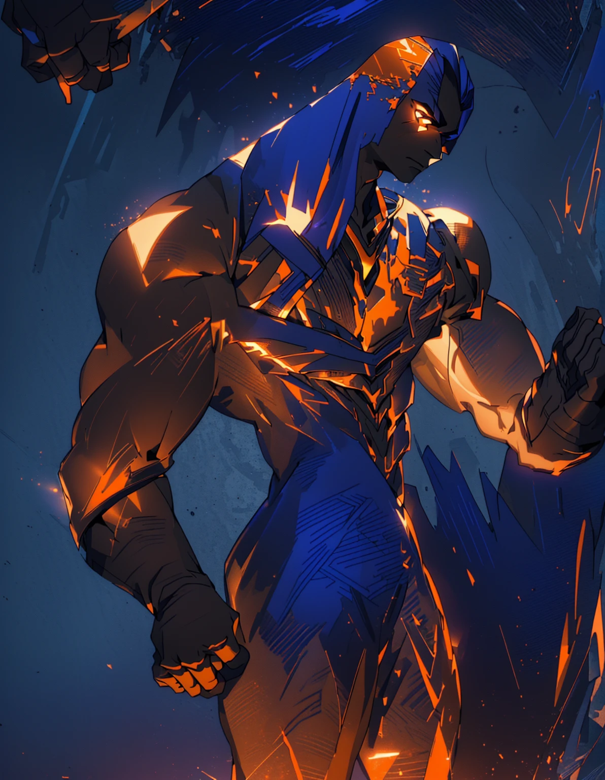 masterpiece, best quality, (extremely detailed CG unity 8k wallpaper), (best quality), (best illustration), (best shadow), shinny metal dark blue skin, shinny orange gloves with chest design, realistic lighting, (Abyss), beautiful detailed glow, muscular man, strong hands closed into fists. 