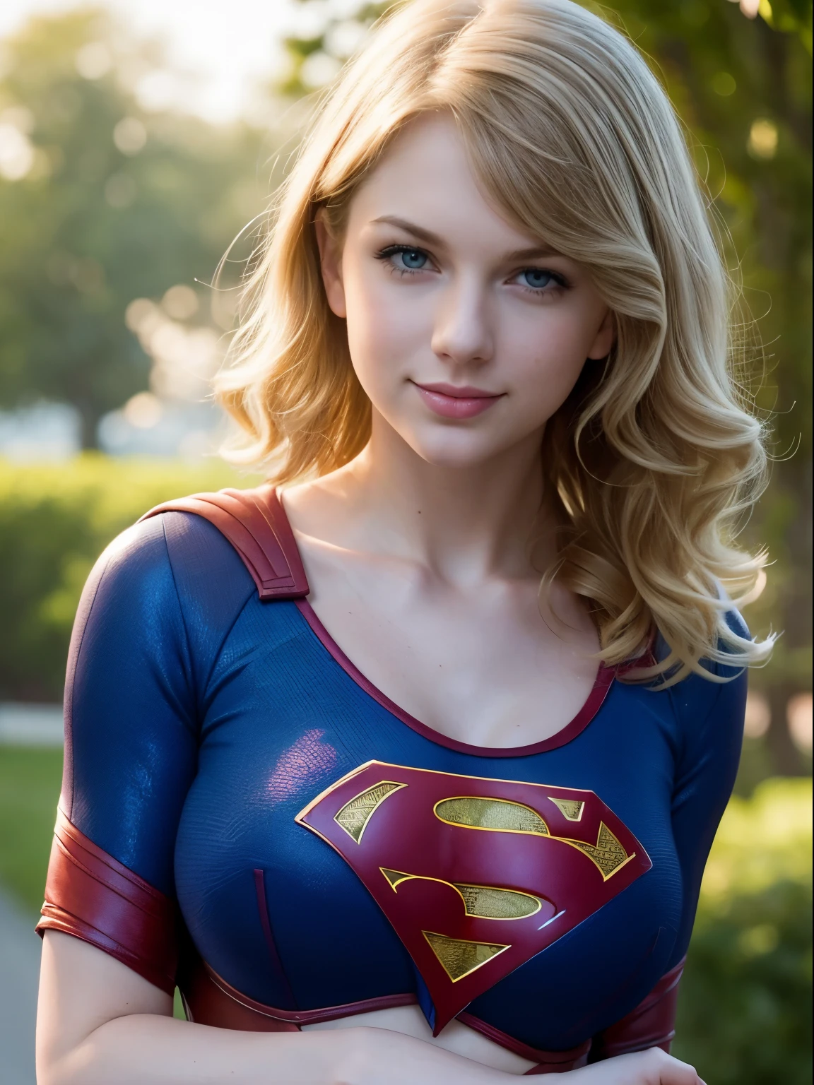 ((high resolution)), ((pale skin)), freckled, Taylor Swift, blushing cheeks, wavy hair, smiling, large breasts, sexy Supergirl