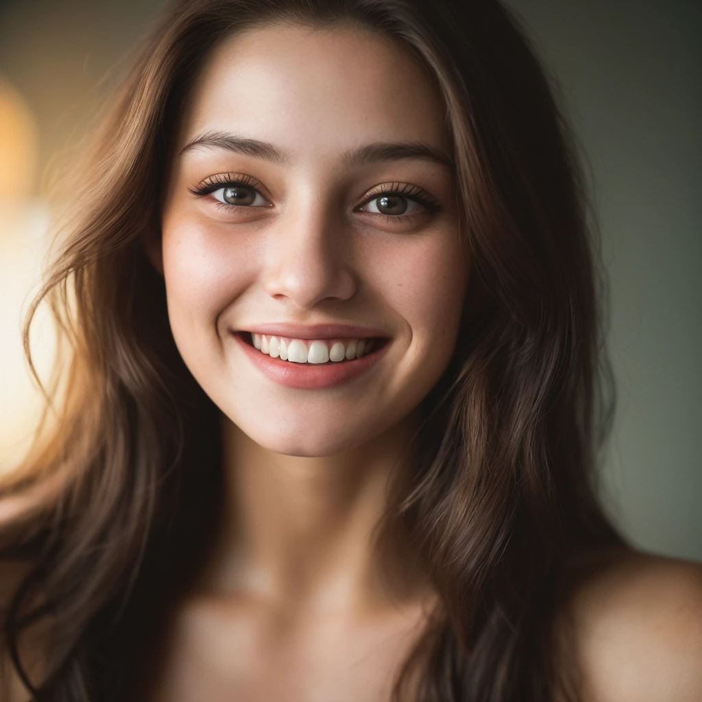 (close-up, editorial photograph of a 21 year old woman), (highly detailed face:1.4) (smile:0.7) (background inside light, warm, private study:1.3) POV, by lee jeffries, nikon d850, film stock photograph ,4 kodak portra 400 ,camera f1.6 lens ,rich colors ,hyper realistic ,lifelike texture, dramatic lighting , cinestill 800, showing full realistic face infront of camera big smil