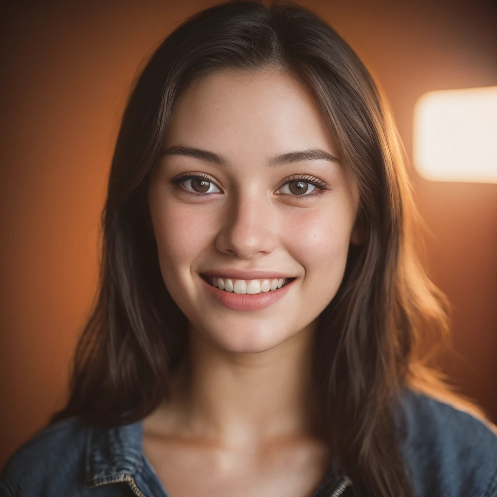 (close-up, editorial photograph of a 21 year old woman), (highly detailed face:1.4) (smile:0.7) (background inside light, warm, private study:1.3) POV, by lee jeffries, nikon d850, film stock photograph ,4 kodak portra 400 ,camera f1.6 lens ,rich colors ,hyper realistic ,lifelike texture, dramatic lighting , cinestill 800, showing full realistic face infront of camera big smil