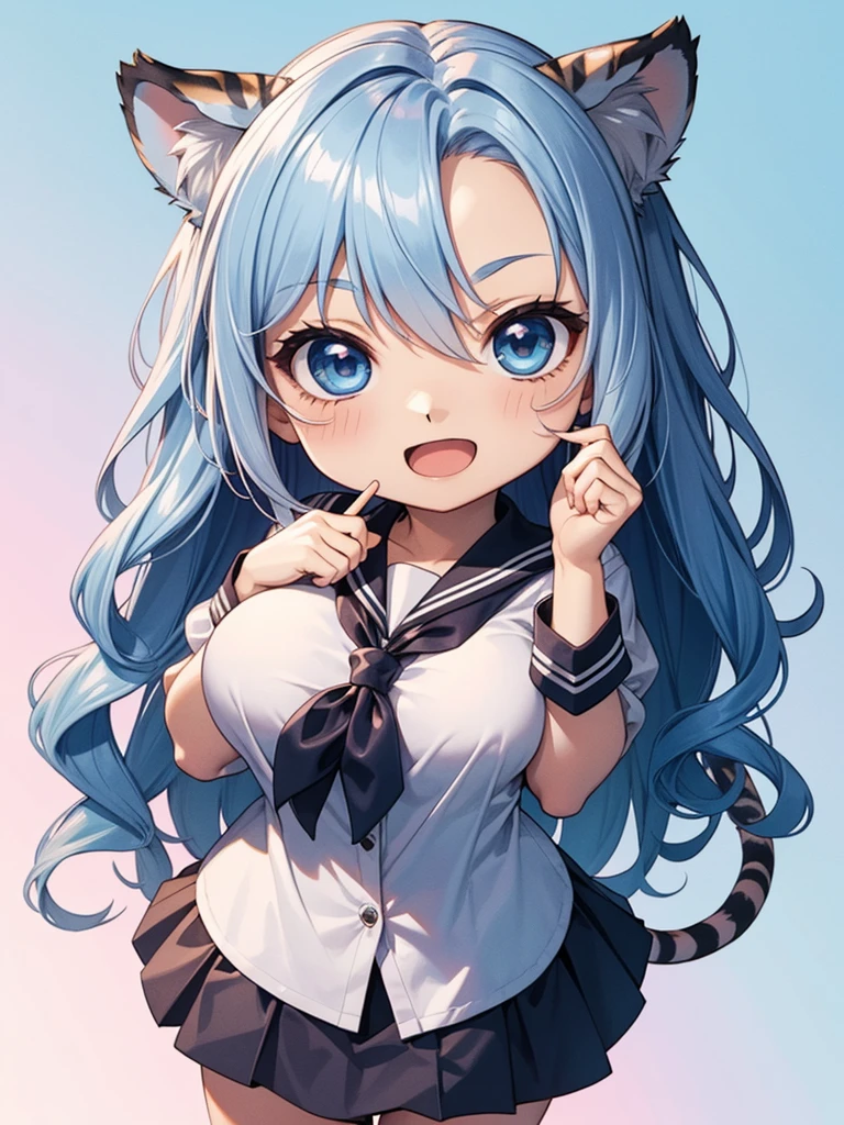((chibi:1.5)), (masterpiece), (best quality), high resolution, ultra detail, photorealistic, 8K, intricate face, detailed body, detailed face
BREAK
1 girl, (long wavy hair, Light blue red gradient hair, big blue eyes, tiger ears, tiger tail)
BREAK
school girls, wearing school sailor uniform,Holding a lollipop, big breasts, white shirt, pleated skirt, smile, open mouth, holding sign, ("14,000")