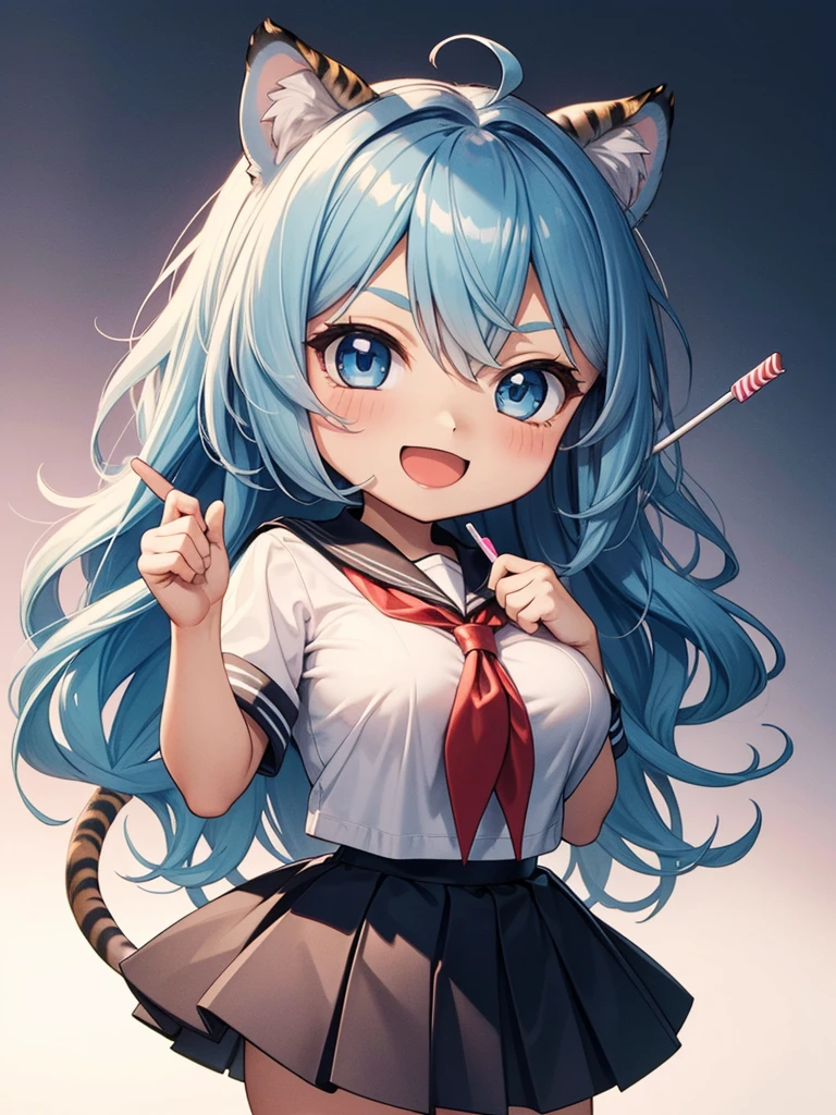 ((chibi:1.5)), (masterpiece), (best quality), high resolution, ultra detail, photorealistic, 8K, intricate face, detailed body, detailed face
BREAK
1 girl, (long wavy hair, Light blue red gradient hair, big blue eyes, tiger ears, tiger tail)
BREAK
school girls, wearing school sailor uniform,Holding a lollipop, big breasts, white shirt, pleated skirt, smile, open mouth, holding sign, ("14,000")