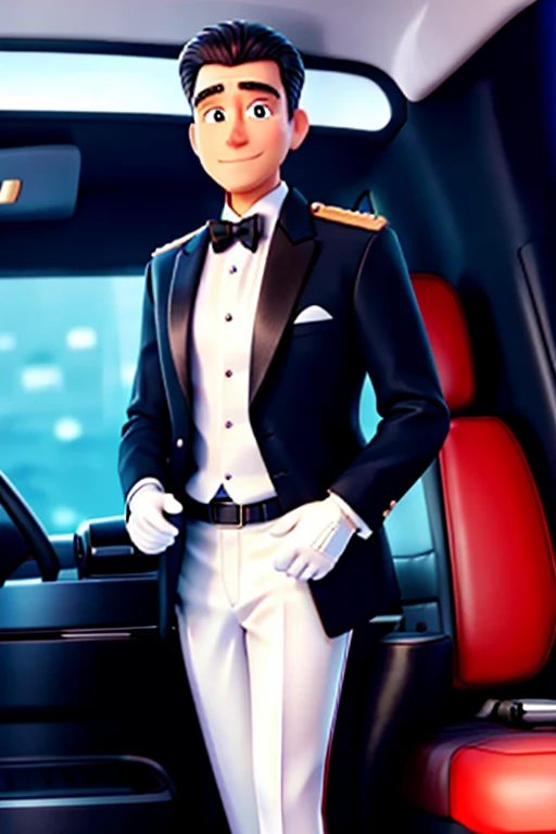 uniformed limousine driver, driver who opens the car door, professional driver, white gloves, formal attire, attentive service,