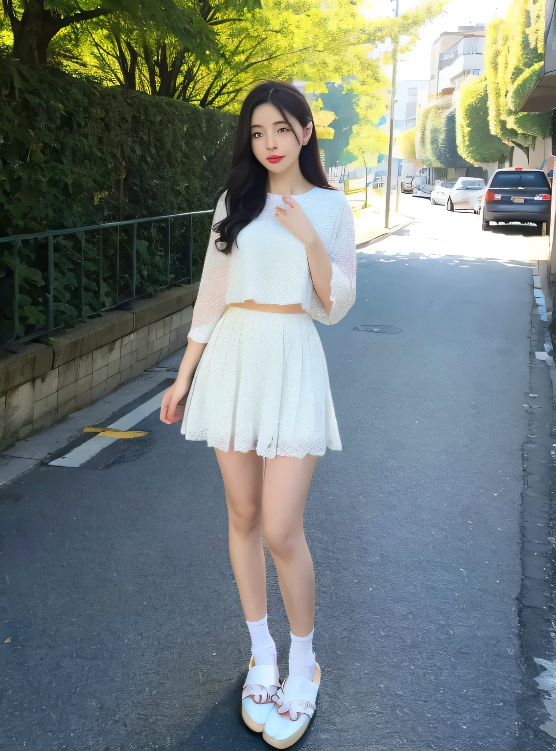 (8k, RAW photo, best quality, masterpiece:1.2), (realistic, photo-realistic:1.37), ultra highres, depth of field, chromatic aberration, caustics, Broad lighting, natural shading,Fujifilm XT3,masterpiece,ultra detailed, A Korean girl,1girl, solo,full body, looking at viewer, standing,crosswalk,zettai ryouiki , slippers