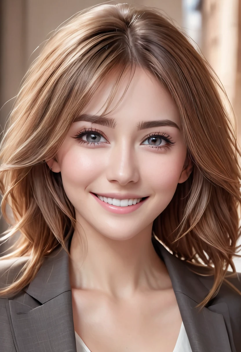 table top, highest quality, realistic, Super detailed, finely, High resolution, 8k wallpaper, 1 beautiful woman,, light brown messy hair, wearing a business suit, sharp focus, perfect dynamic composition, beautiful and detailed eyes, thin hair, Detailed realistic skin texture, smile, close-up portrait, model body shape