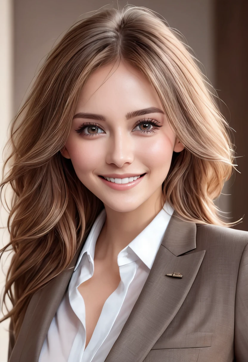 table top, highest quality, realistic, Super detailed, finely, High resolution, 8k wallpaper, 1 beautiful woman,, light brown messy hair, wearing a business suit, sharp focus, perfect dynamic composition, beautiful and detailed eyes, thin hair, Detailed realistic skin texture, smile, close-up portrait, model body shape