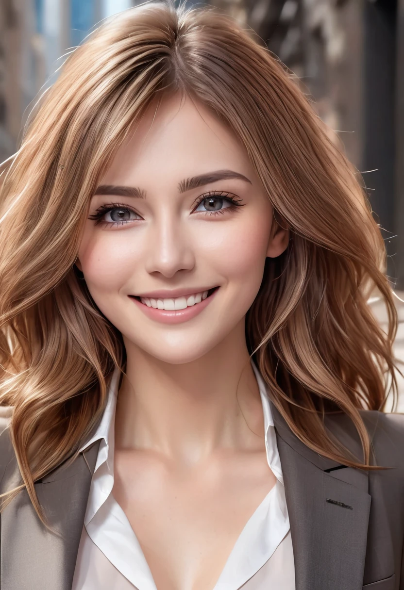 table top, highest quality, realistic, Super detailed, finely, High resolution, 8k wallpaper, 1 beautiful woman,, light brown messy hair, wearing a business suit, sharp focus, perfect dynamic composition, beautiful and detailed eyes, thin hair, Detailed realistic skin texture, smile, close-up portrait, model body shape