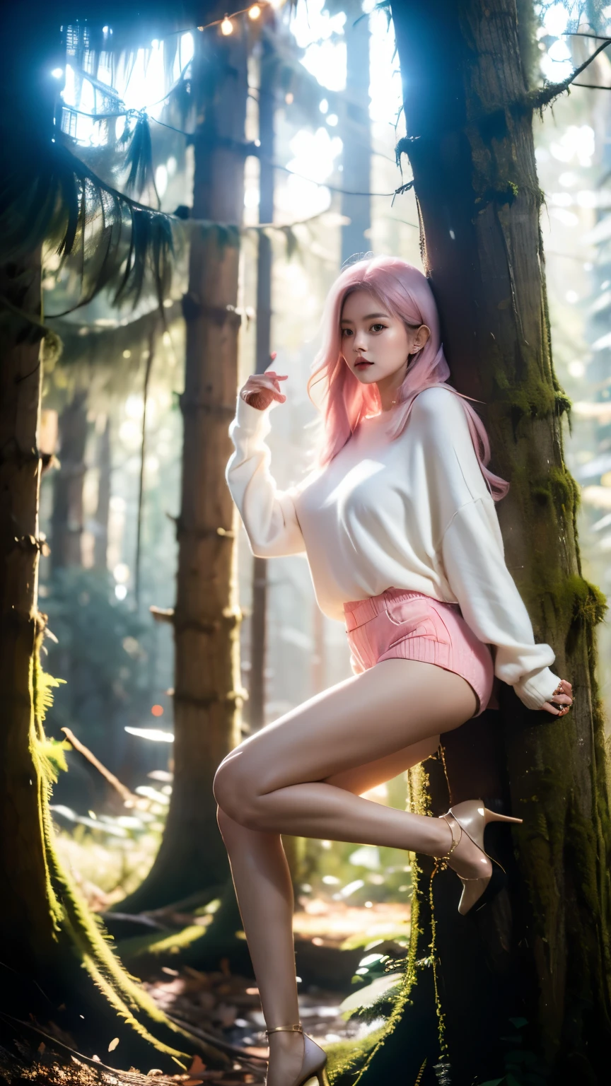 Best quality,masterpiece,16K,A girl,Wearing a sweater,shorts,White Silk,High heel,Pink Hair,Brown eyes,Delicate face,Big breasts,Girl Pose,In the dense woods,side,Hands on the tree trunk,One foot is raised back,Looking at the camera,glow,Tyndall effect,High light-dark contrast