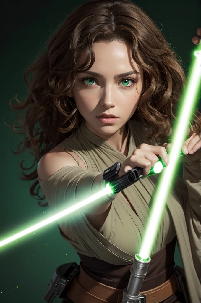 ultra wide angle, in focus, light epic background, gorgeous lifelike, dynamic pose, a young lady, (highly detailed face and eyes:1.3), confident expression, holding green lightsaber in his hand, medium shot, hyper details, lighting art, cinematic, insane details, intricate details, hyperdetailed, jedi com roupas brancas, fractal, dark shot, big , full body, jedi (Star wars), white clothes, short hair