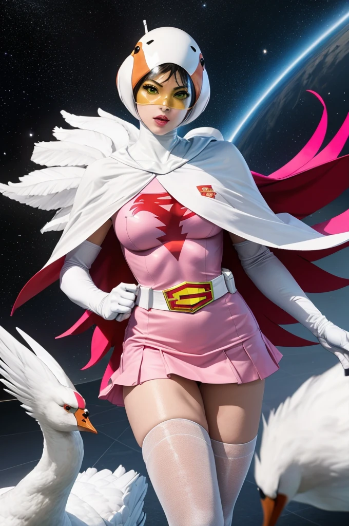 ((masterpiece)),((Highest quality)),((High resolution)),((Highly detailed CG Unity 8k wallpaper)), Outdoor, Day, Upper Body, View your viewers, alone, Concentration, break, 
Year_Classic_Jun_Gatchaman_myself, Jun the swan, 
One girl, lips, Green Eyes, lipstick, compensate, eyelash, eye shadow,
visor, Helmet, Cape, Elbow hand pockets, Knee socks, belt, White gloves, zettai ryouiki, mask, skirt, White legwear, Superhero, leotard, Spacesuit, Pink Dress, white Cape,  pink leotard, pink skirt, Short dress,
