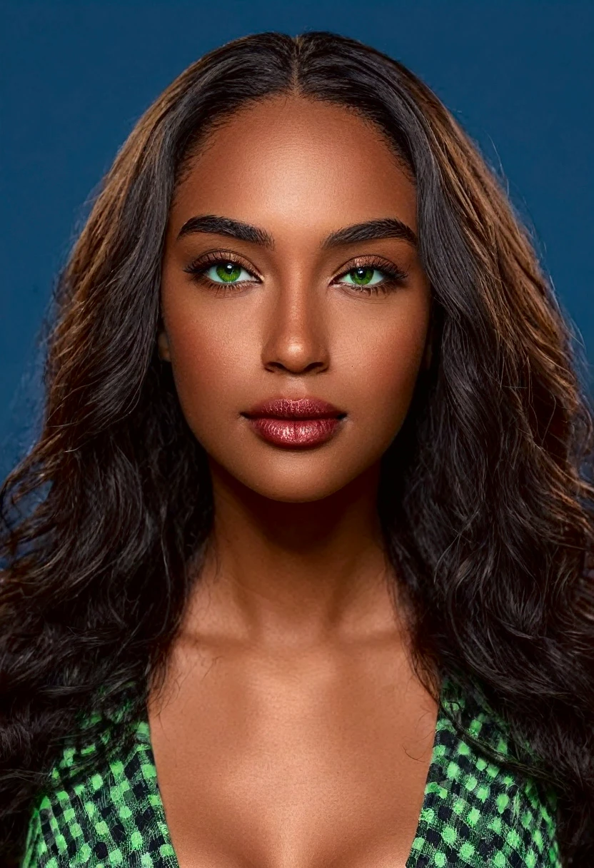 A beautiful woman, beautiful Latin face, young Brazilian Nyvi Estephan, Brazilian supermodel, serene and elegant beauty, Angolan descent, young adult 30 years old, nerdy woman, tall woman, a stunning black woman, with indigenous features, beautiful indigenous girl, native Brazilian, ((An indigenous African girl with European ebony)), ((her beauty is undeniable)), beautiful young ebony with dark skin, tanned Mexican, black hair with brown highlights, black curly hair with brown highlights, voluminous black hair with Brown highlights, vibrant and dynamic cut with soft waves can add a modern and stylish touch. Has an exotic beauty with beautiful green eyes, realistic green eyes, bright green eyes, ultra detailed green eyes, ultra realistic green eyes, natural green eyes, ultra detailed iris, perfect eyes, perfect iris, hyper realistic eyes, eyeliner, long eyelashes and defined, penetrating gaze that conveys confidence, striking, powerful expression, strong presence, striking makeup, vibrant red lipstick, full lips, voluminous lips, seductive lips, captivating, striking, unforgettable, dazzling and mischievous smile, wide smile, your features are captivating , subtle smile on his lips. beautiful and detailed face, detailed skin texture, Notice her perfectly shaped eyebrows, which arch gracefully above her eyes, small nose that is proportionate to her face, and soft contour of her face that accentuates her high cheekbones. Beautiful and glowing skin, intricate details, smooth skin, healthy and radiant appearance, Attractive slim woman, Average bust, Average and beautiful breasts, athletic physique, flat stomach, slim waist, huge hips, wide hips, big ass, thick thighs, legs shapely concept art. She wears a red and black plaid shirt with long sleeves, a short black latex skirt and long black knee-high boots. 3D 4k, high resolution, full sharpness photo realistic, breathtaking, Lentille nette, Photographie professionnelle, Objectif 70mm, Unreal Engine 5, wallpaper, colorful