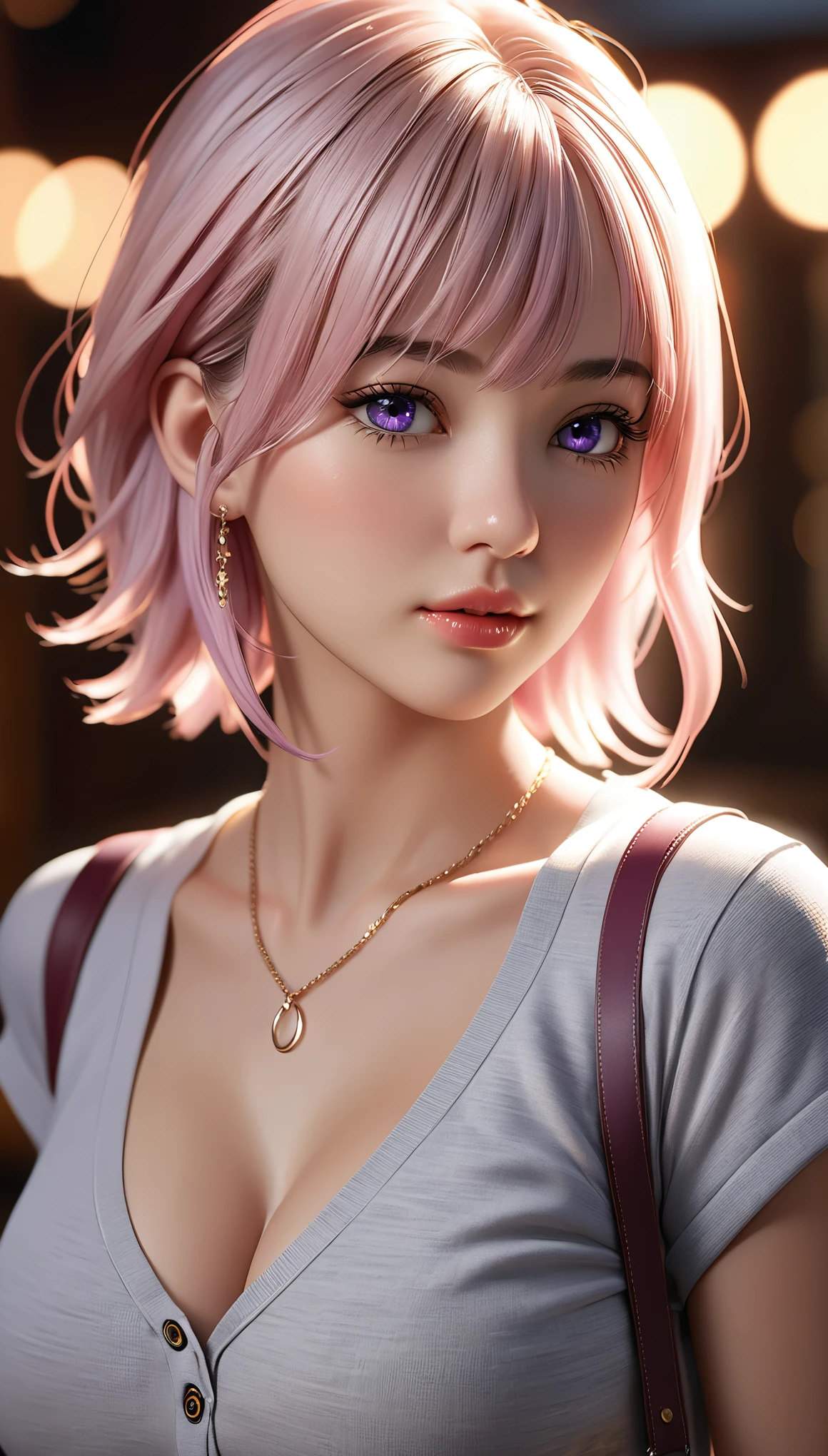 best quality, masterpiece, High resolution, portrait, actual, Purple Eyes, light pink hair, Large Breasts, 8K resolution, high qualityCG, Beautiful CG, Soft Light, fashion brand image, Fashionable and casual, The Tyndall effect, lifelike, studio, Side lighting, (HD Skin:1.2), 8K超高清, sex, high quality, Volumetric lighting, confess, photography, 超High resolution, 8K, Bokeh, Shallow depth of field