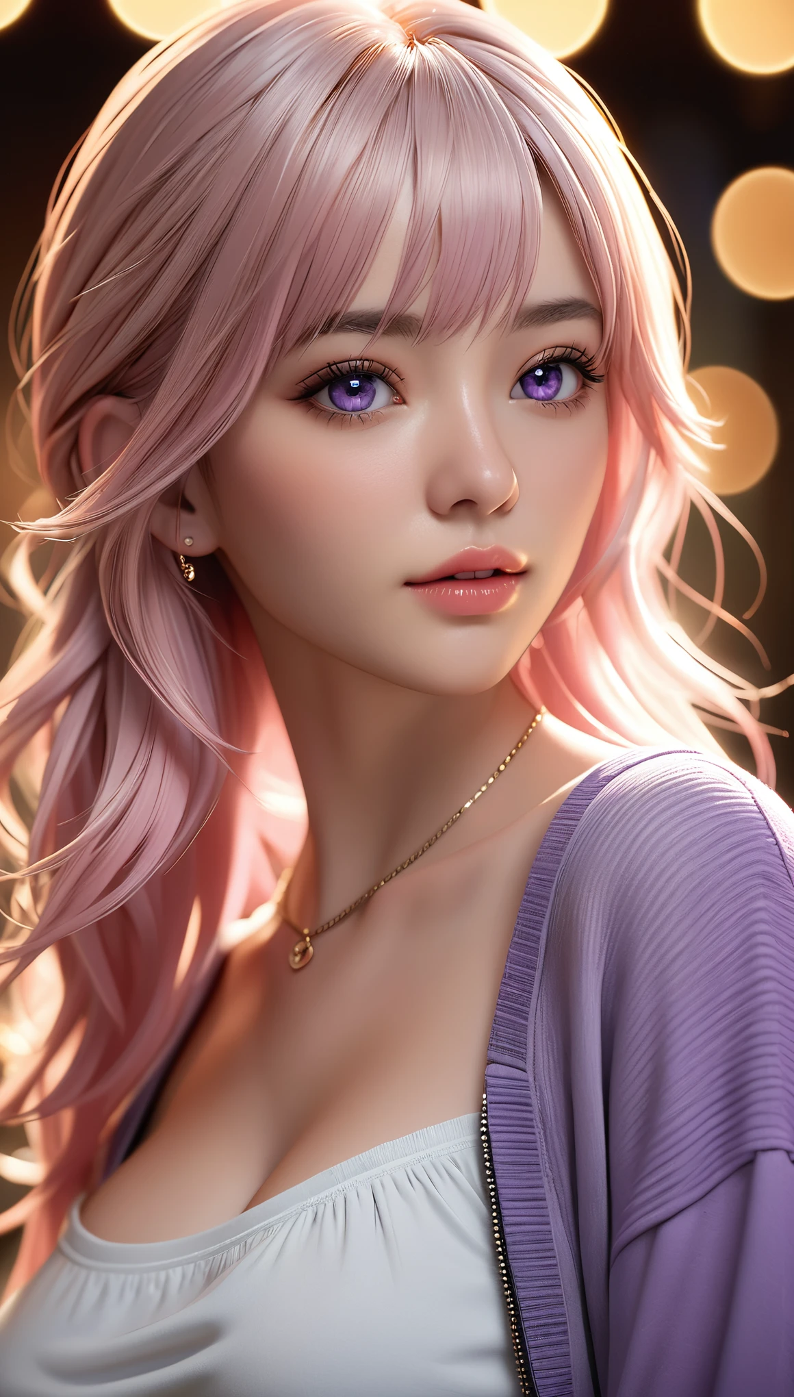 best quality, masterpiece, High resolution, portrait, actual, Purple Eyes, light pink hair, Large Breasts, 8K resolution, high qualityCG, Beautiful CG, Soft Light, fashion brand image, Fashionable and casual, The Tyndall effect, lifelike, studio, Side lighting, (HD Skin:1.2), 8K超高清, sex, high quality, Volumetric lighting, confess, photography, 超High resolution, 8K, Bokeh, Shallow depth of field