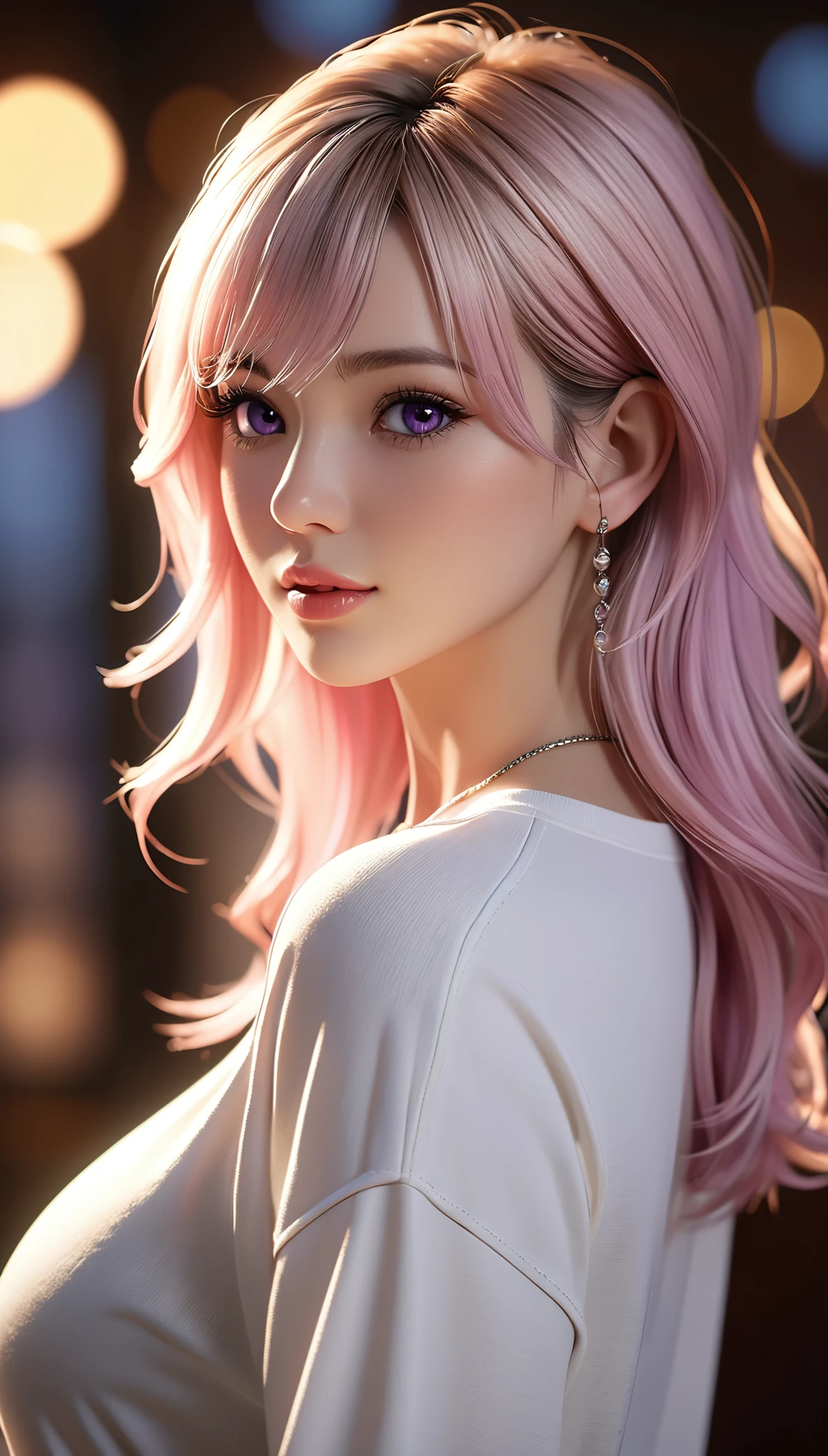 best quality, masterpiece, High resolution, portrait, actual, Purple Eyes, light pink hair, Large Breasts, 8K resolution, high qualityCG, Beautiful CG, Soft Light, fashion brand image, Fashionable and casual, The Tyndall effect, lifelike, studio, Side lighting, (HD Skin:1.2), 8K超高清, sex, high quality, Volumetric lighting, confess, photography, 超High resolution, 8K, Bokeh, Shallow depth of field