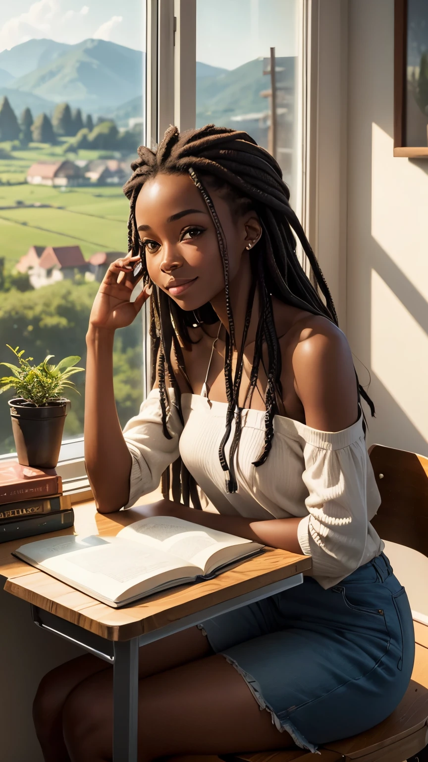 high-quality student style, 28-year-old, skinny and delicate, pretty African dark-skinned, shoulder long dreads hair, sitting by the window, big nature view, smiling, waving at the viewer, cozy room view, many plants on the wall, plants in vase, books, computer desk, ultra-wide monitor, a library of books., countryside view. stylish fashion, best quality, realistic, masterpiece
