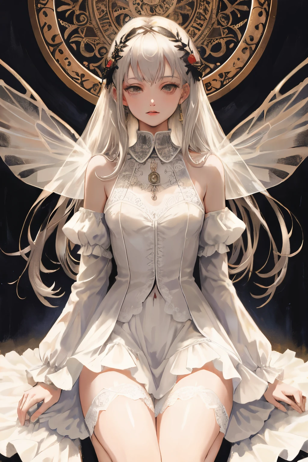  ((best quality)), ((masterpiece)), (detailed), a heavenly female knight, imposing, biblical, NSFW, long white grey hair, grey white eyes, very skinny, detailed, best quality, prominent collarbones, skinny arms, flat stomach, visible hip bones, small breasts, full body, red and white clothing, occult aesthetic, occult, detailed and intricate steampunk and detailed gothic, NSFW, Fluttering lace flared long knee length dress with frilly petticoats, knee length dress, pleated petticoats, petticoats gothic, complex lace boots, gothic aesthetic, wielding a mighty sword with mechanical components, mandalas, small breasts, a fairy, various different types of insect wings, bug wings, beetle wings, NSFW, full body, whole body, body, chains, 