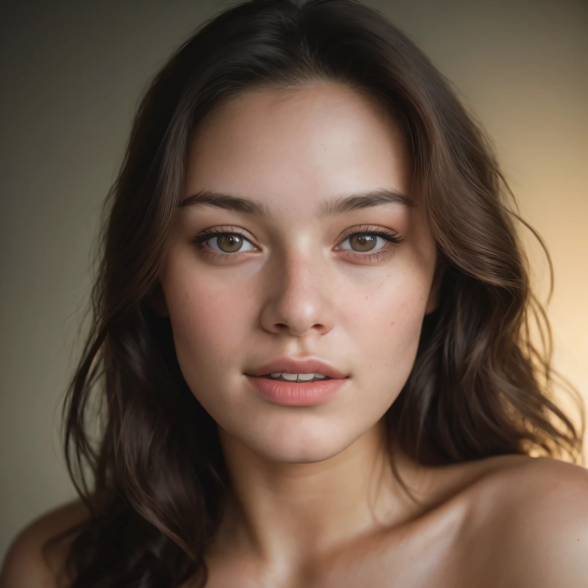 (close-up, editorial photograph of a 21 year old woman), (highly detailed face:1.4) (smile:0.7) (background inside light, warm, private study:1.3) POV, by lee jeffries, nikon d850, film stock photograph ,4 kodak portra 400 ,camera f1.6 lens ,rich colors ,hyper realistic ,lifelike texture, dramatic lighting , cinestill 800, showing full realistic face infront of camera