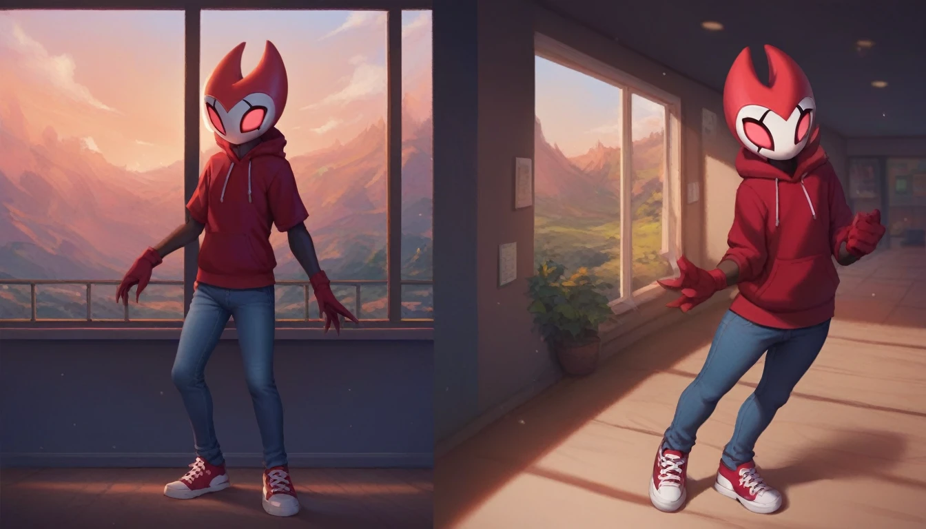 score_9, score_8_up, score_7_up, score_6_up, zPDXL2, grimm \(hollow knight\), vampire, bat, 1boy, solo, cute face, detailed eyes, portrait, anthro, blue large hoodie, jeans, red sports gloves, sneakers, background, near the window, landscape, (dynamic angles), looking at viewer