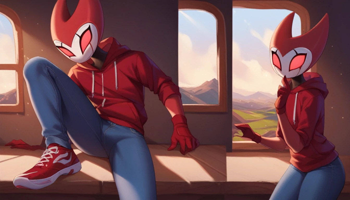 score_9, score_8_up, score_7_up, score_6_up, zPDXL2, grimm \(hollow knight\), vampire, bat, 1boy, solo, cute face, detailed eyes, portrait, anthro, blue large hoodie, jeans, red sports gloves, sneakers, background, near the window, landscape, (dynamic angles), looking at viewer