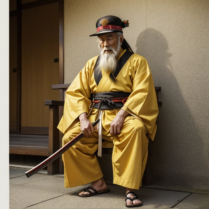 ((Masterpiece)), ((highly detailed)), a samurai, yellow male kimono, tattsuke pants, katana, samurai hair style, white long beard, age 88, old man, full body, red Japanese hat,