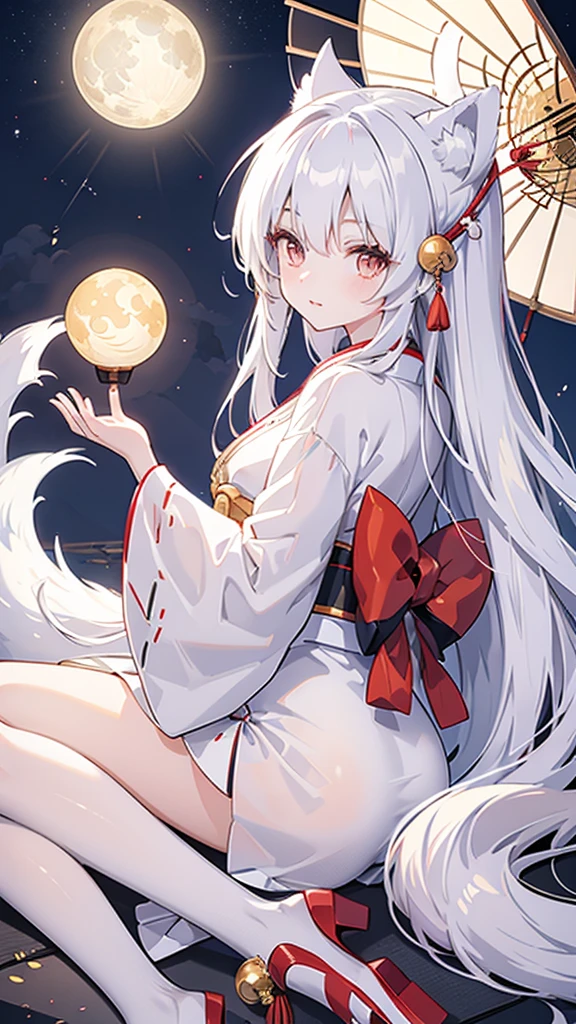 Kitsune girl,geisha dress theme sun&moon , traditional japanese , long white hair,silver fox ears, have kitsune tail, beautiful woman, silver eyes, elegant