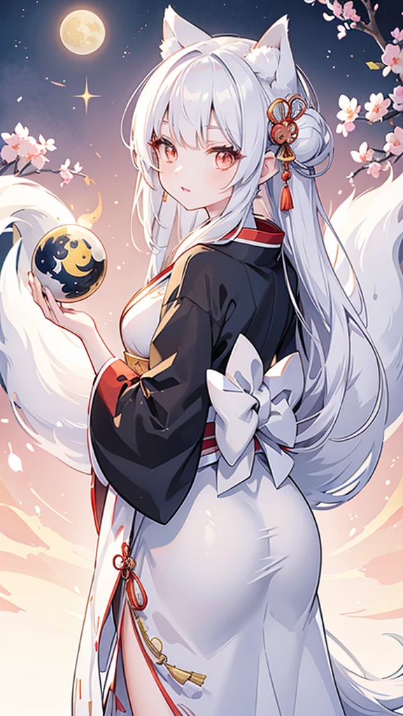 Kitsune girl,geisha dress theme sun&moon , traditional japanese , long white hair,silver fox ears, have kitsune tail, beautiful woman, silver eyes, elegant