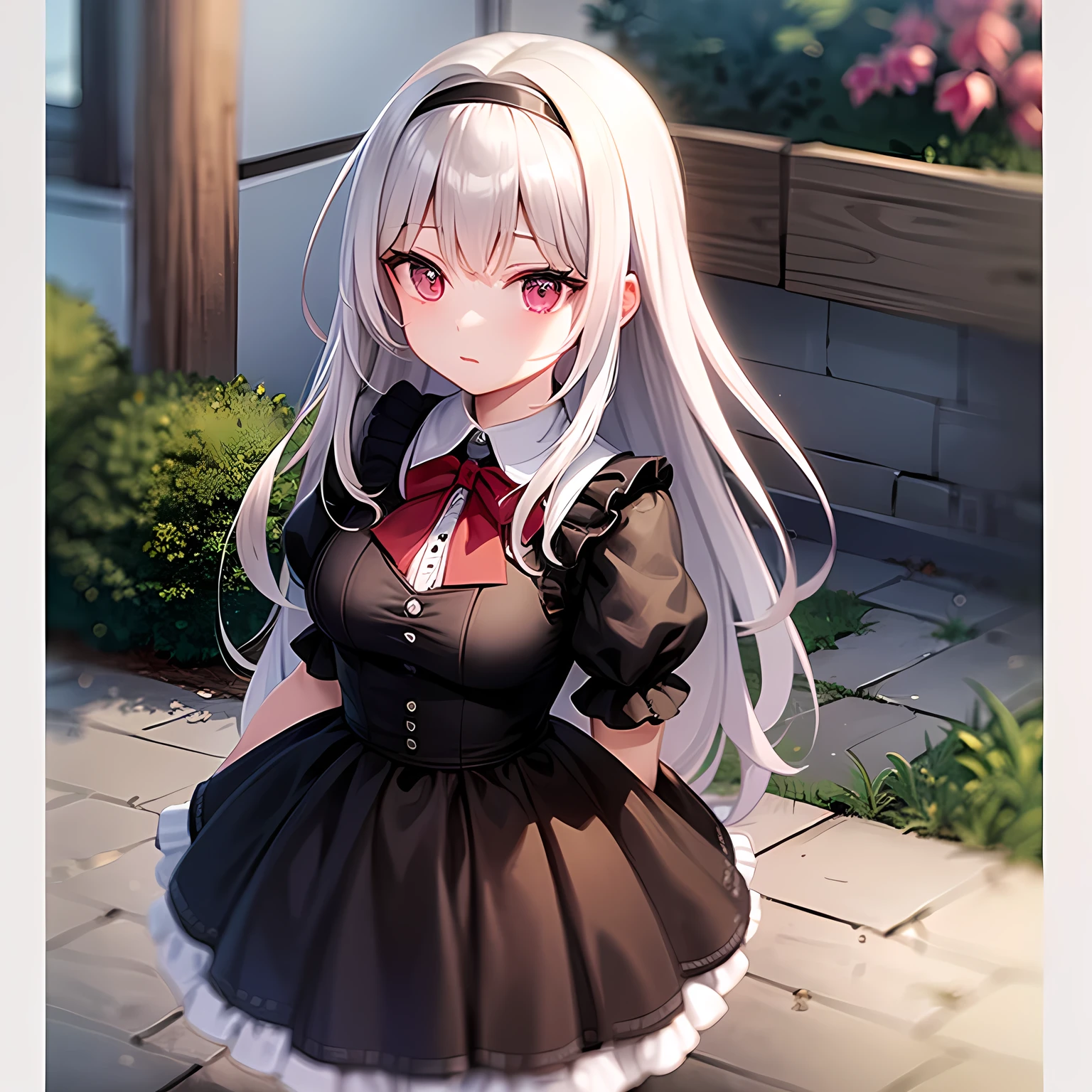 Kuroshitsuji screencap of a girl with long ash purplish gray hair with reddish pink eyes. she wear a plain hairband and luxurious victorian era dress. scenery is garden