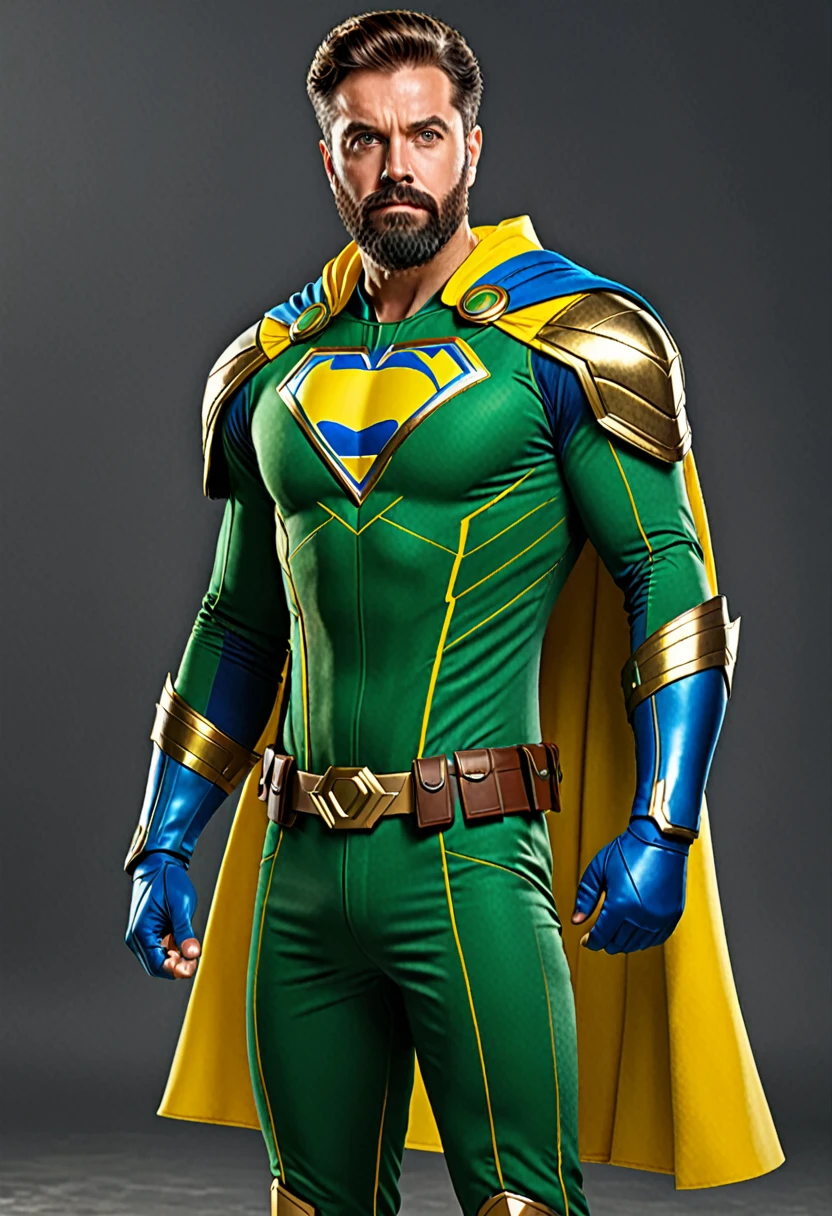 a heroic brazilian superhero, brown hair styled back, trimmed beard, serious confident expression, mature experienced face, green suit with yellow and blue details, earth symbol on chest, yellow cape attached to left shoulder, geometric yellow armor on left shoulder, green sleeves and legs with yellow details on elbows and knees, green boots with blue accents, (best quality,4k,8k,highres,masterpiece:1.2),ultra-detailed,(realistic,photorealistic,photo-realistic:1.37),cinematic lighting, vibrant colors, dramatic pose, high quality 3D render