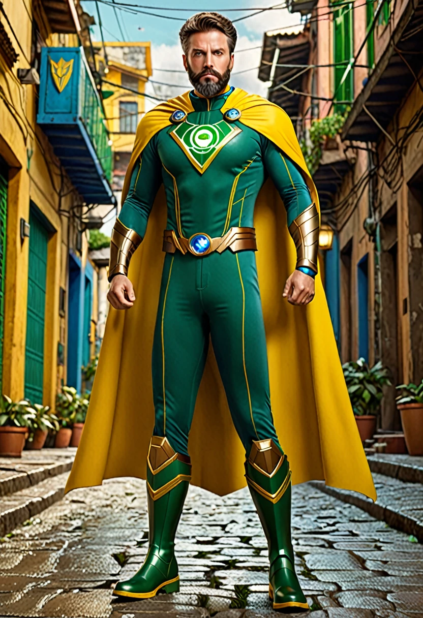 a heroic brazilian superhero, brown hair styled back, trimmed beard, serious confident expression, mature experienced face, green suit with yellow and blue details, earth symbol on chest, yellow cape attached to left shoulder, geometric yellow armor on left shoulder, green sleeves and legs with yellow details on elbows and knees, green boots with blue accents, (best quality,4k,8k,highres,masterpiece:1.2),ultra-detailed,(realistic,photorealistic,photo-realistic:1.37),cinematic lighting, vibrant colors, dramatic pose, high quality 3D render