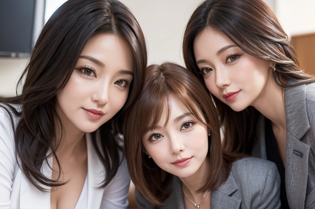 two sexy 40 years old women in office outfits who are lovers of 4 years old boy, various hair colors and hairstyles, seductive smiles, portrait, close up faces, view from below