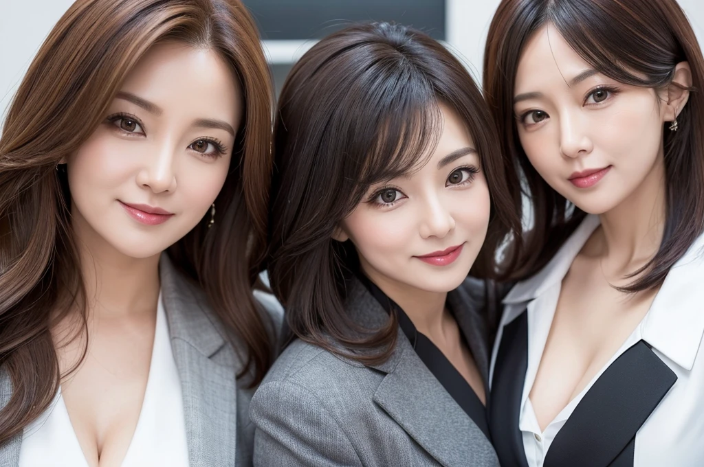 two sexy 40 years old women in office outfits who are lovers of 4 years old boy, various hair colors and hairstyles, seductive smiles, portrait, close up faces, view from below