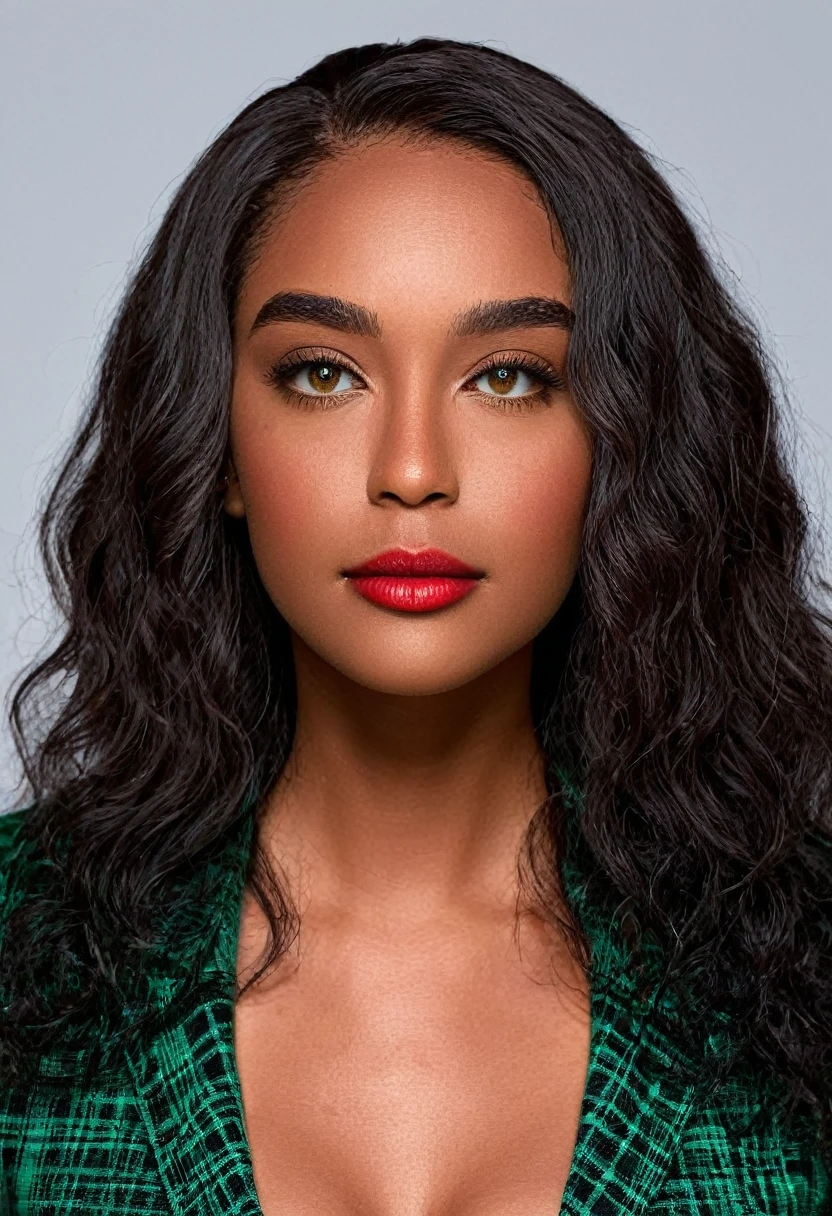 A beautiful woman, beautiful Latin face, young Brazilian Nyvi Estephan, Brazilian supermodel, serene and elegant beauty, Angolan descent, young adult 30 years old, nerdy woman, tall woman, a stunning black woman, with indigenous features, beautiful indigenous girl, native Brazilian, ((An indigenous African girl with European ebony)), ((her beauty is undeniable)), beautiful young ebony with dark skin, tanned Mexican, black hair with brown highlights, black curly hair with brown highlights, voluminous black hair with Brown highlights, vibrant and dynamic cut with soft waves can add a modern and stylish touch. Has an exotic beauty with beautiful green eyes, realistic green eyes, bright green eyes, ultra detailed green eyes, ultra realistic green eyes, natural green eyes, ultra detailed iris, perfect eyes, perfect iris, hyper realistic eyes, eyeliner, long eyelashes and defined, penetrating gaze that conveys confidence, striking, powerful expression, strong presence, striking makeup, vibrant red lipstick, full lips, voluminous lips, seductive lips, captivating, striking, unforgettable, dazzling and mischievous smile, wide smile, your features are captivating , subtle smile on his lips. beautiful and detailed face, detailed skin texture, Notice her perfectly shaped eyebrows, which arch gracefully above her eyes, small nose that is proportionate to her face, and soft contour of her face that accentuates her high cheekbones. Beautiful and glowing skin, intricate details, smooth skin, healthy and radiant appearance, Attractive slim woman, Average bust, Average and beautiful breasts, athletic physique, flat stomach, slim waist, huge hips, wide hips, big ass, thick thighs, legs shapely concept art. She wears a red and black plaid shirt with long sleeves, a short black latex skirt and long black knee-high boots. 3D 4k, high resolution, full sharpness photo realistic, breathtaking, Lentille nette, Photographie professionnelle, Objectif 70mm, Unreal Engine 5, wallpaper, colorful